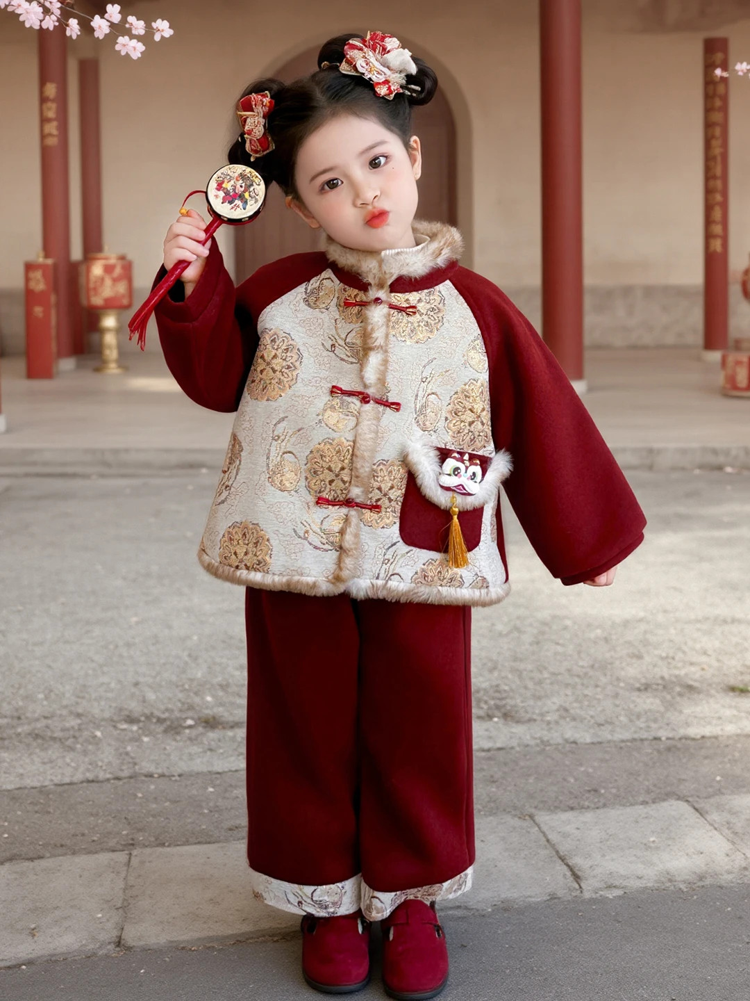 

Утепленный хлопковый детский новогодний костюм с флисовой подкладкой, традиционный китайский костюм для танца льва, теплый праздничный наряд для девочек