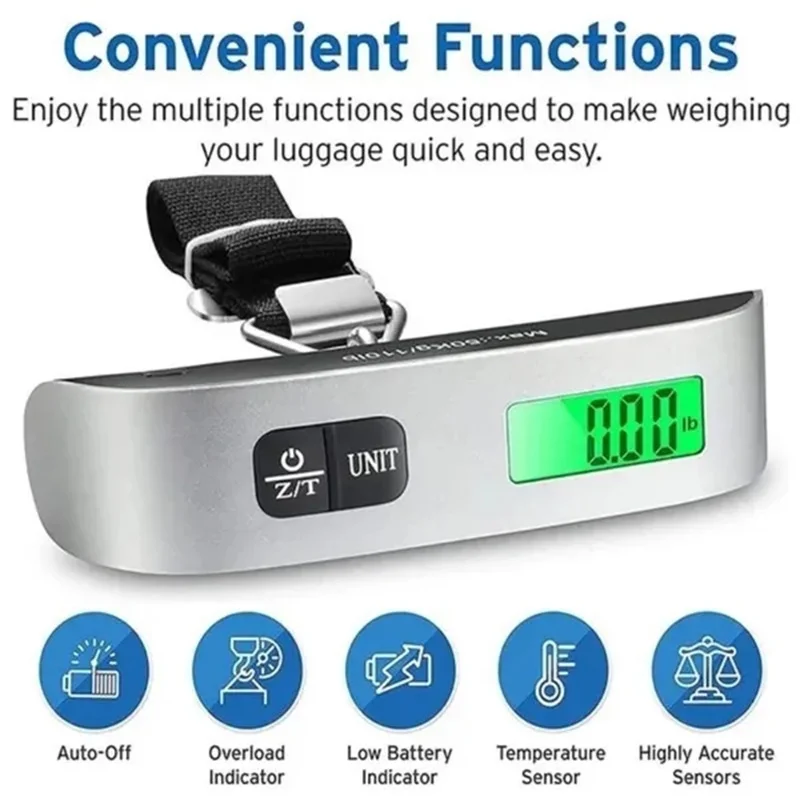 Imagem -04 - Portátil Lcd Digital Hanging Scale Bagagem Mala Bagagem Balanças de Viagem com Cinto Ferramenta de Peso Eletrônico 50kg 110lb