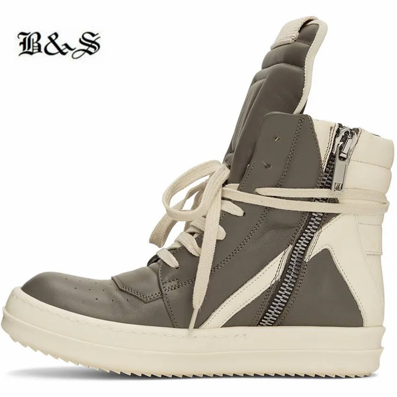 

Black& Street Exclusive Geo-basket Big Gray Flat Sneakers TPU Sole Genuine Leather Boots Real Leather Western Zipper Botas