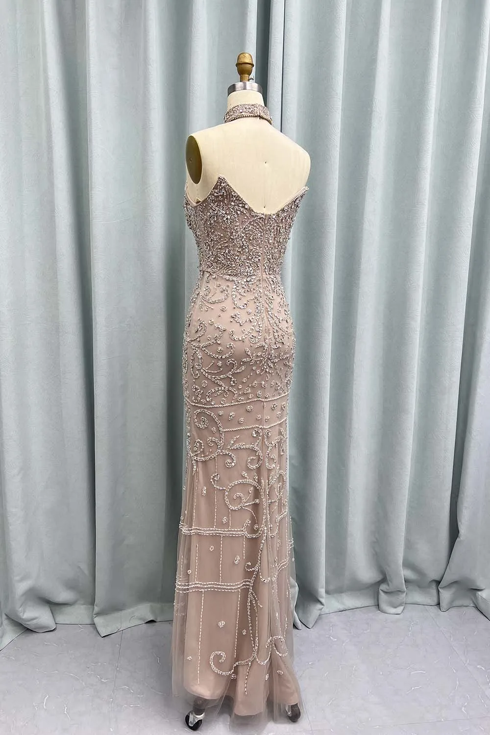 YQLNNE Luxury Nude Rhinestones Evening Dresses Long Mermaid Strapless Tulle Beaded Evening Party Gown Removeable Shawl