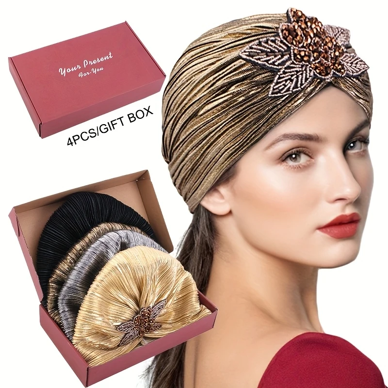 4pcs in Gift Box Vintage European and American Jewelry  Headscarf Hat Gilded Pleated Indian Hat Ethnic Costume Turban