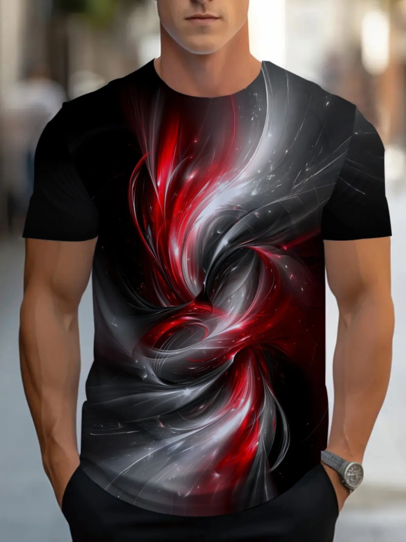 Men's Red Black Swirl 3D Print T Shirt Summer O Neck Short Sleeve Casual Abstract Graphic Street Tee