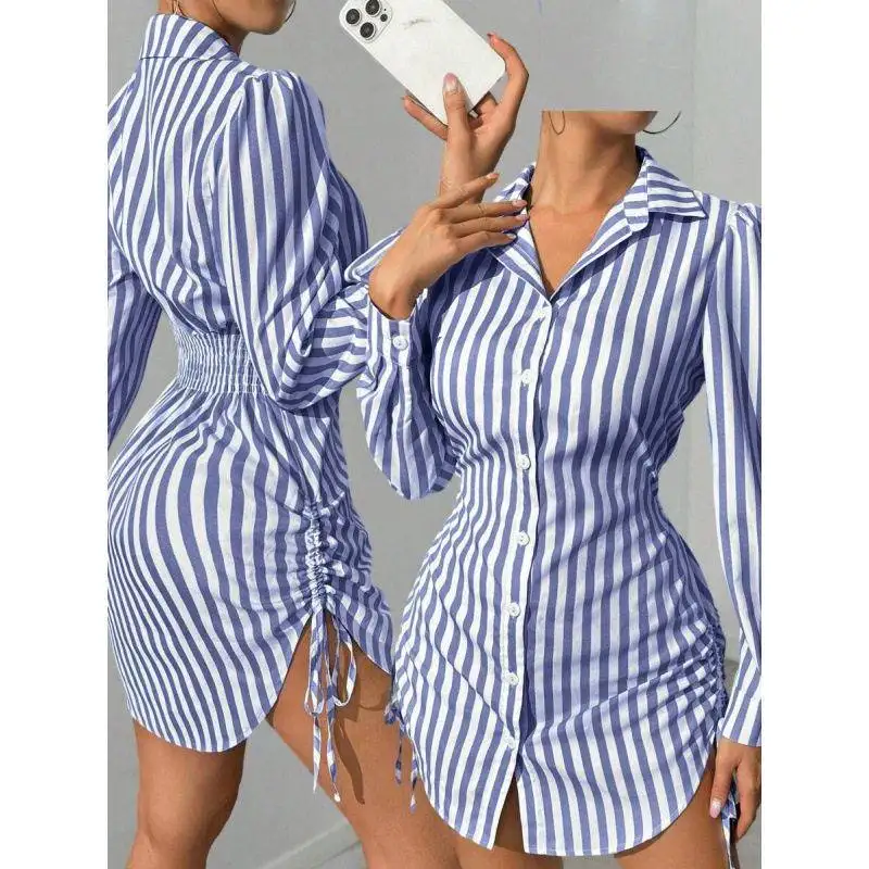 

Drawstring Shirt Dress Women's Long Sleeve Drawstring Closure Asymmetrical Shoulder Design Super Soft Non-shrinkable Material