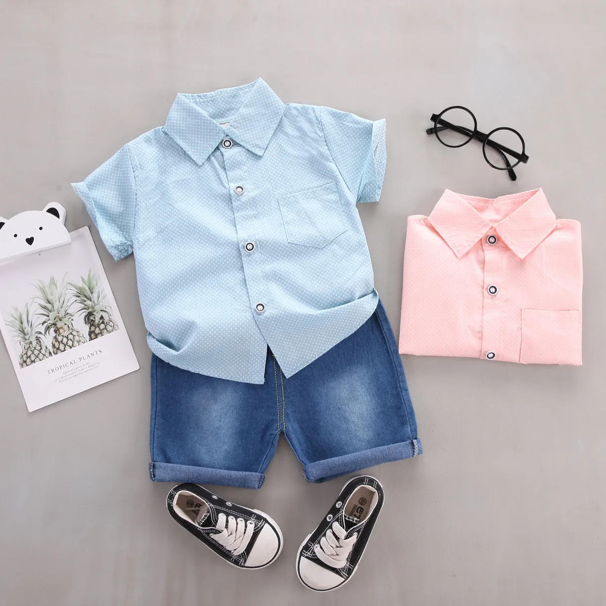 Summer thin baby and toddler solid color polka dot shirt denim shorts two-piece set