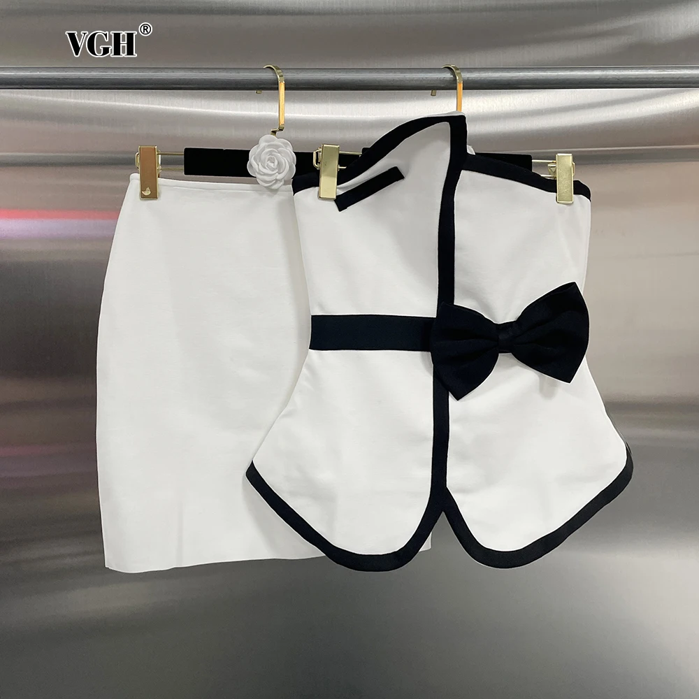 VGH hit corol Sexy club skirt suit strapless sleeveless spliced bowknor belt High Waist bodycon mini skirts Female Fashion Style