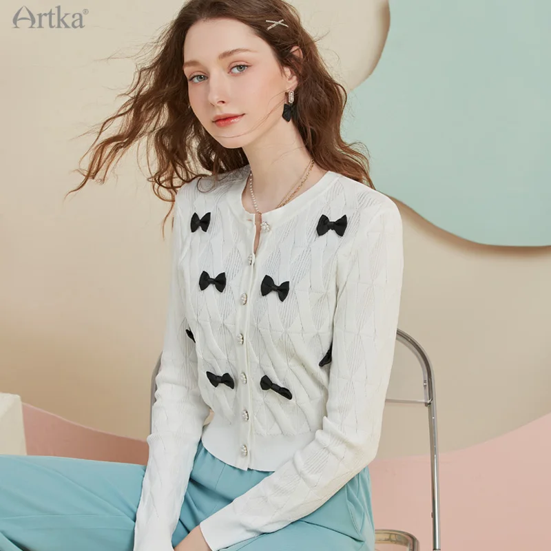 

ARTKA 2025 весенний новый женский кардиган, элегантный милый вязаный свитер с бантом и круглым вырезом, кардиган с длинными рукавами, верхняя одежда, женский WB29015Q