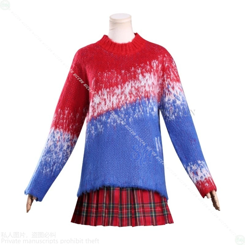 Anime Horror Bohaterka Cosplay Czerwono-Niebieski Gradientowy Sweter Styl Harajuku Jirai Kei Mini Sukienka dla Dziewcząt Wysoka Jakość Strój na Halloween