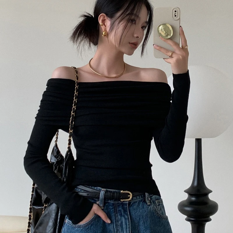 Y2k Sweet Women Swetry Pullovers Korean Knitted Slim Off Shoulder Female Casual Tops Autumn Fashion New Office Lady Sweater