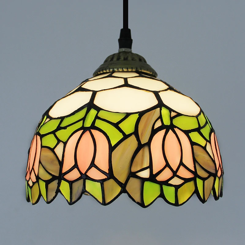 

Stained Glass Tiffany Pendant Hanging Light Floral Lamp Dia 8" tulip Pattern yellow blue white pink orange multi-color gift