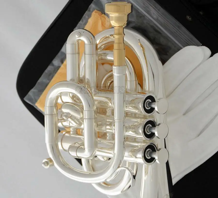 High quality Professional Silver plated C Key Pocket Trumpet Horn Monel Valve 2Pc MOUTHPIECE