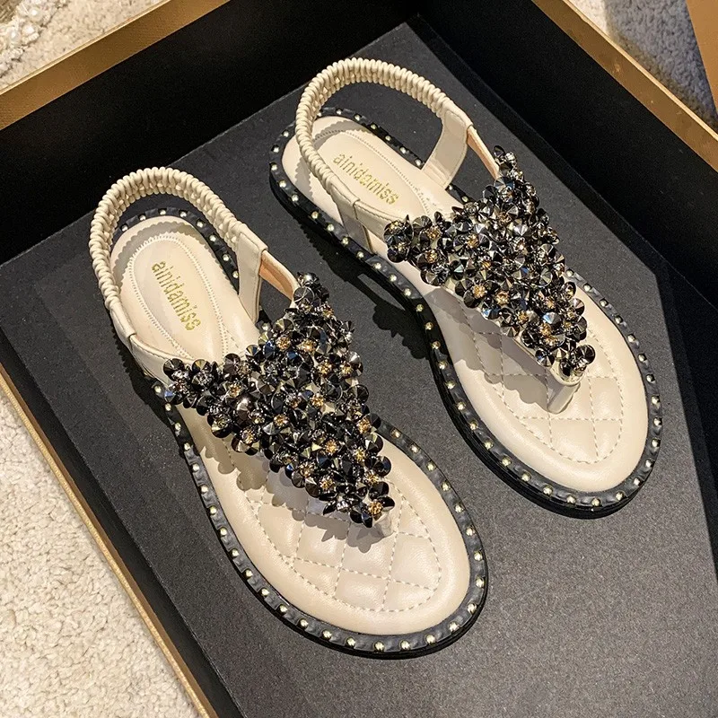 

Sandals women's summer flat bottom 2025 new summer fashion versatile shoes with skirt rhinestone Roman shoes