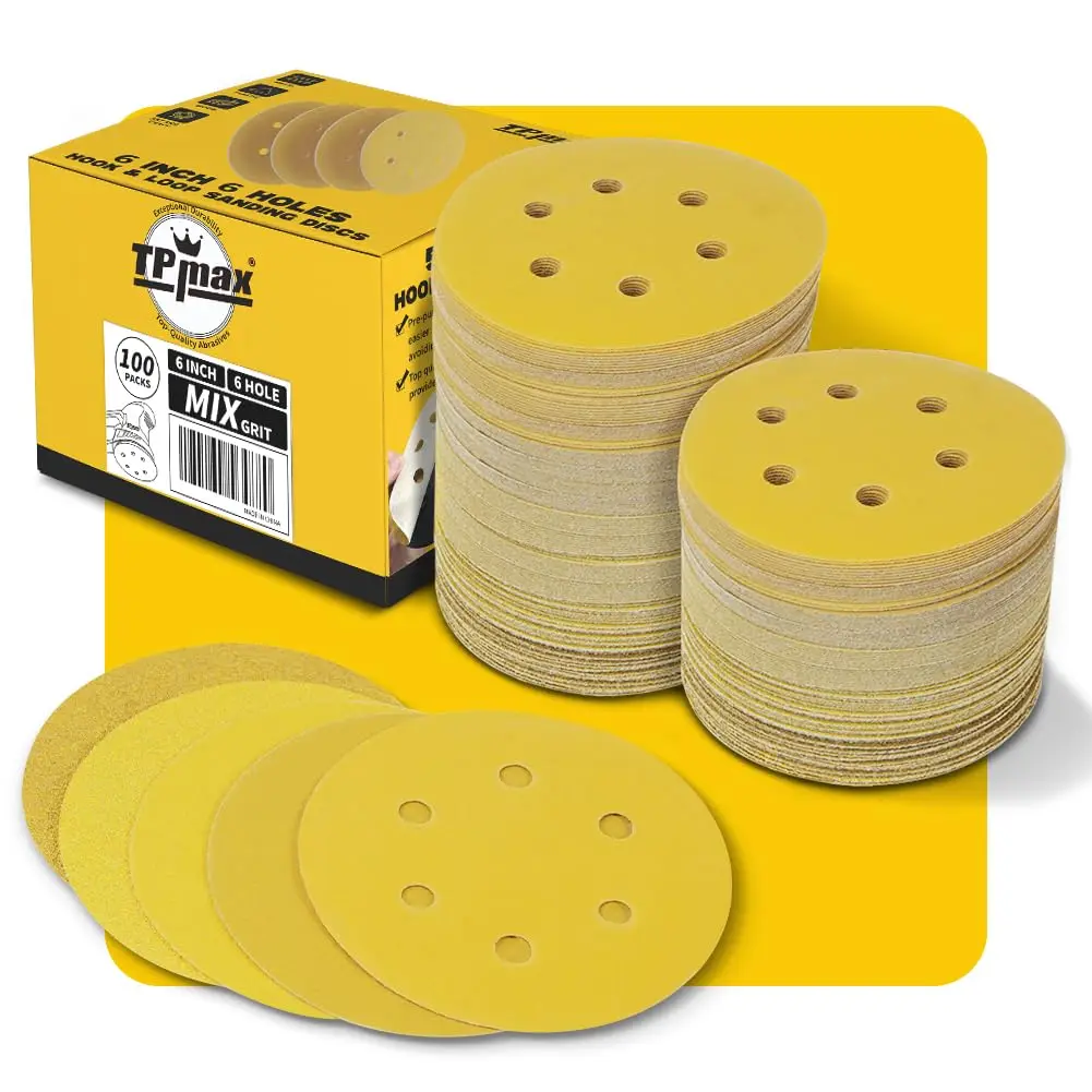 

6 Inch 150mm 6 Hole Sanding Discs 100Pcs Mixed Grit for Random Orbital Sander with Hook and Loop Backing 60 80 120 220 320 Grit