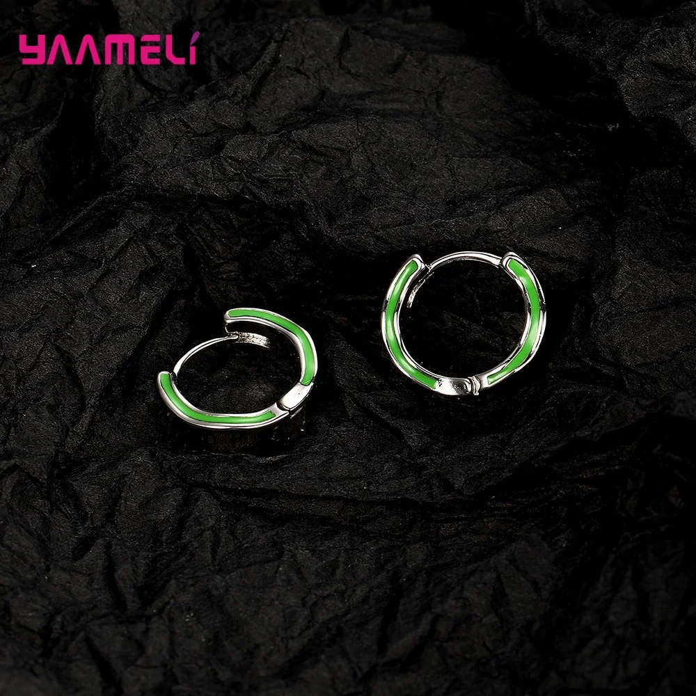 

Genuine 925 Sterling Silver Simple Geometric Green Enameled Hoop Earrings for Women Men Anniversary Party Fashion Jewelry Gifts