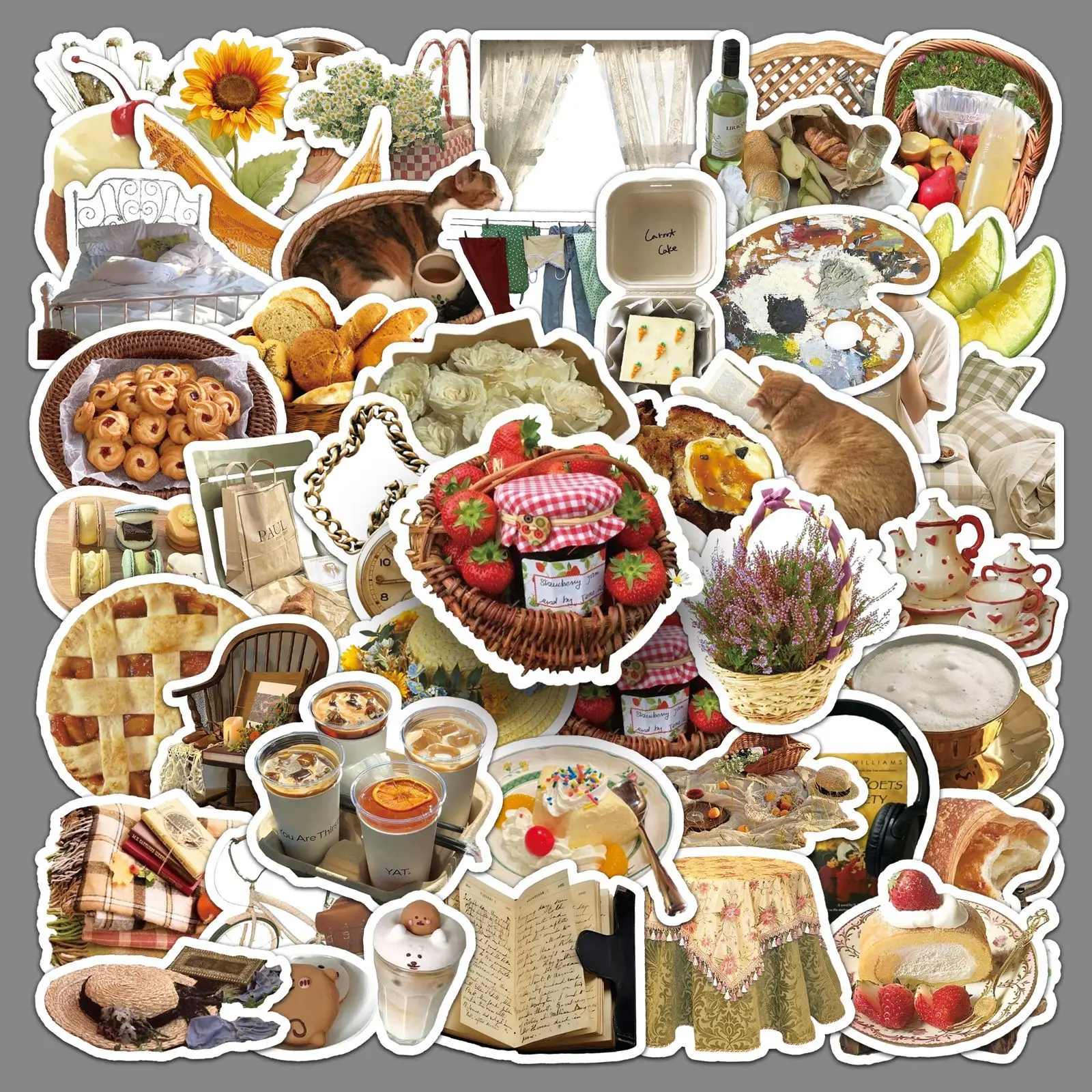 50 leisurely afternoon stickers, small fresh waterproof dessert picnic creative graffiti tent decoration luggage stickers