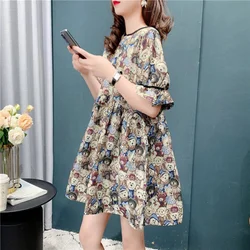French Vintage Cartoon Pattern Printed Short Sleeve Summer Casual Women's Clothing Loose Simplicity Puff Sleeve A-line Dresses