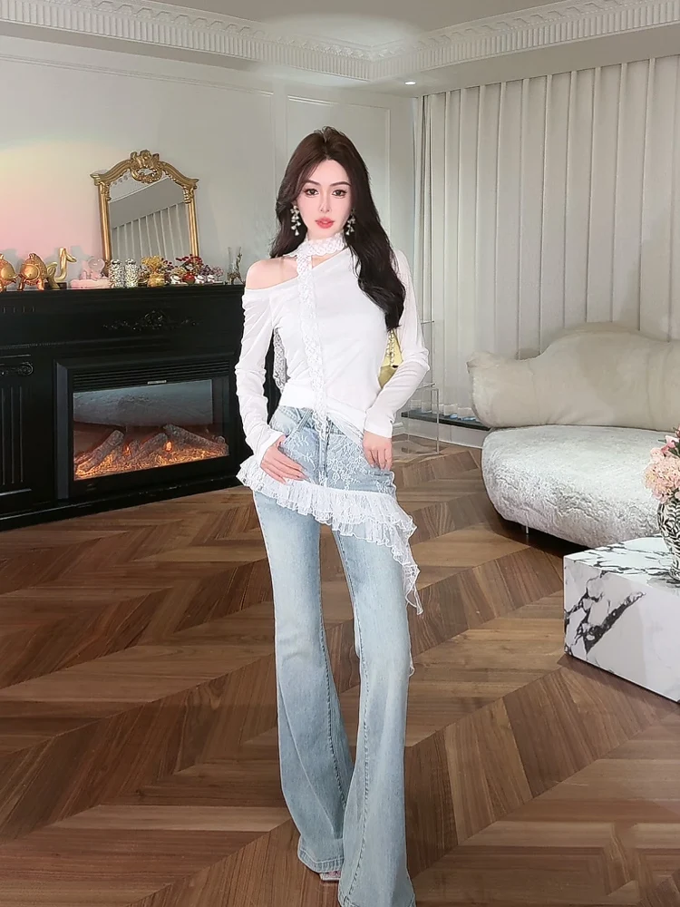 

Изысканные джинсовые брюки-клеш с кружевом и оригинальным дизайном талии, новая осенняя коллекция от Ю Сяосяо, повседневные, из хлопка...