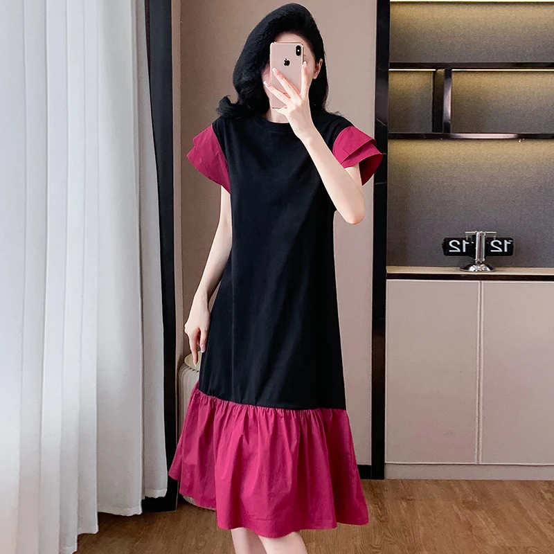 

Color Block Fish Tail Dress Women's Summer Loose Fitting Slimming Tunic Korean Style Sleeveless Gown Ethnic Stage Costume