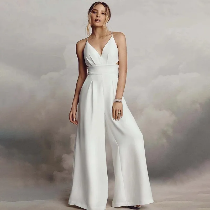 

Women Sexy Jumpsuits Backless V-neck Spaghetti Strap Lace-up New Summer Sleeveless Elegant Street Wide-leg Pants Long Rompers