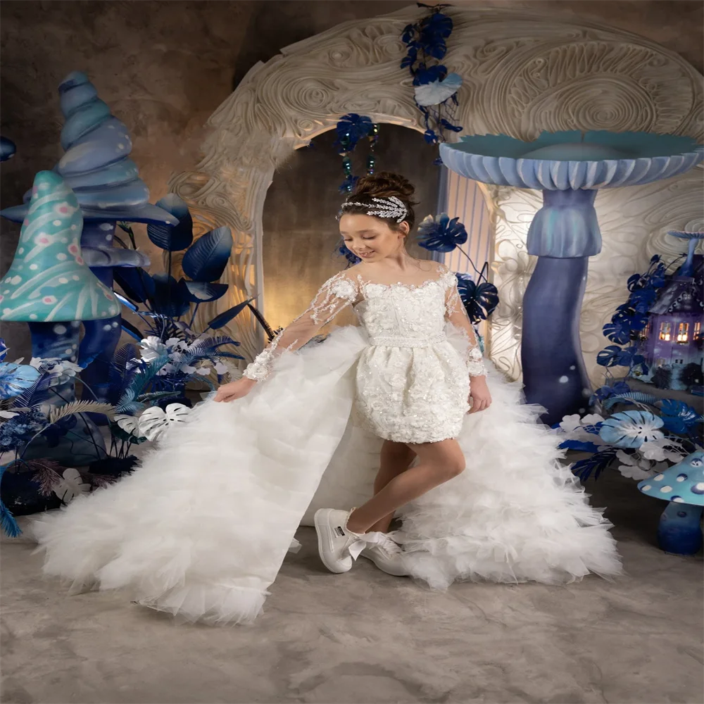 Vestido de lujo blanco desmontable para niña de las flores, apliques 3D para desfile de belleza, cumpleaños, graduación, dama de honor, invitado de princesa, personalizado