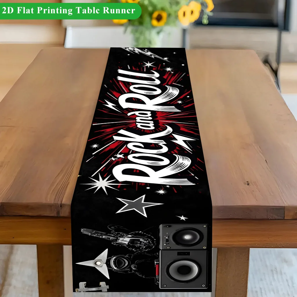 1 pièce de chemin de table en polyester imprimé 2D style Rock and Roll, pour intérieur et extérieur, idéal pour les fêtes, anniversaires, décoration de la maison au printemps et en été