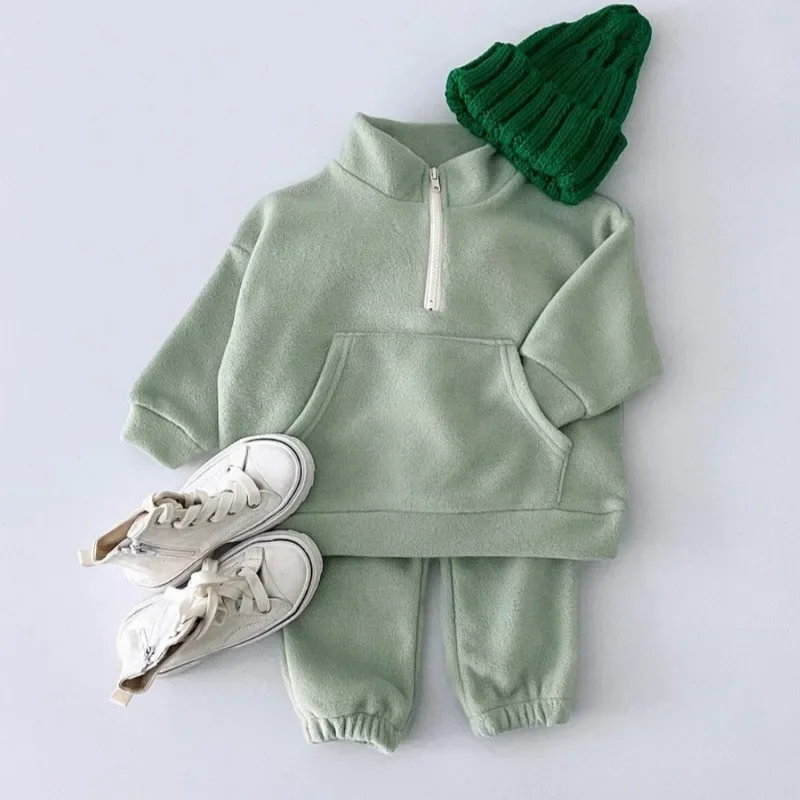 Autumn Baby Fleece Warm Stand Collar Sports Pullover Tops+Soft Jogger Pants Baby Unisex Outdoors Casual Two-piece Set A8447