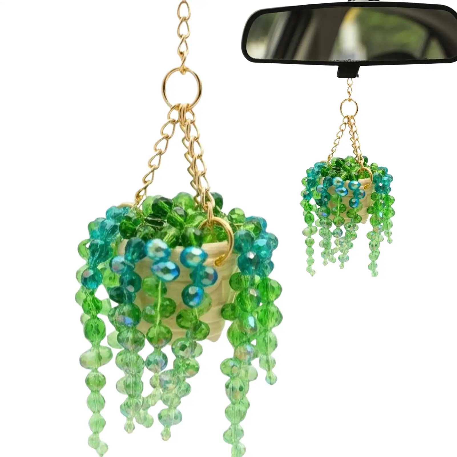 Car Rearview Mirror Decorative Pendant, Trendy Interior Gift, Preserved Succulents Plant Beaded Plant Sun Catcher, Crystal Plant