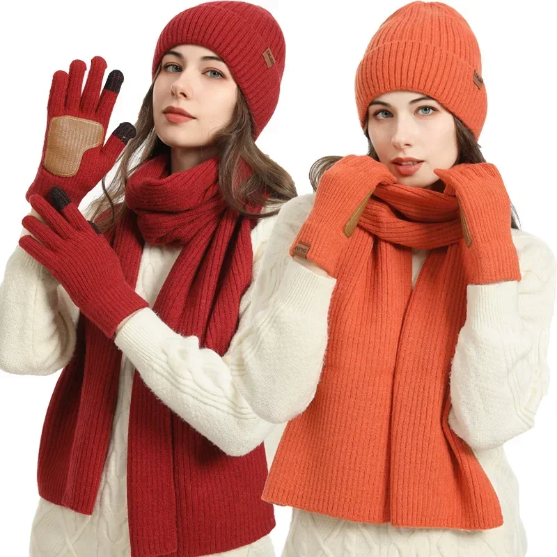 Plush Hat Windproof Adult Three-piece Set Winter Knit Hat and Scarf for Women Fashion Warm Glove Leather Anti Slip 3-piece Set