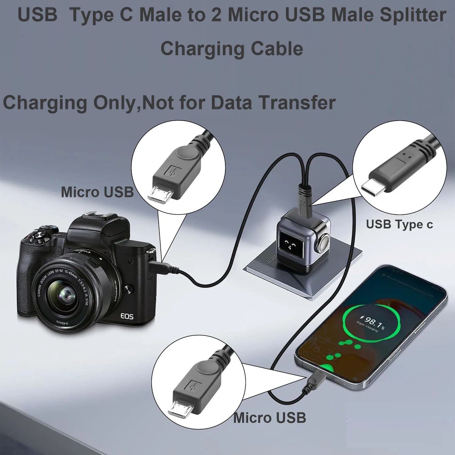 USB C 스플리터 충전 케이블 USB 타입 C 남성에서 듀얼 2 마이크로 USB 남성 2 in 1 스플리터 Y 충전 커넥터 케이블 충전 전용