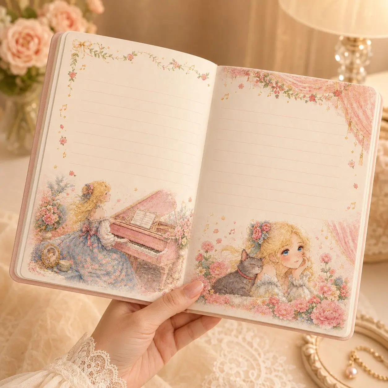 Retro notes dla dziewczyn z okładką z ekologicznej skóry i kolorowymi ilustracjami na wewnętrznych kartkach – modny dziennik lub notatnik dla dziewczynek. — zdjęcie produktu 5