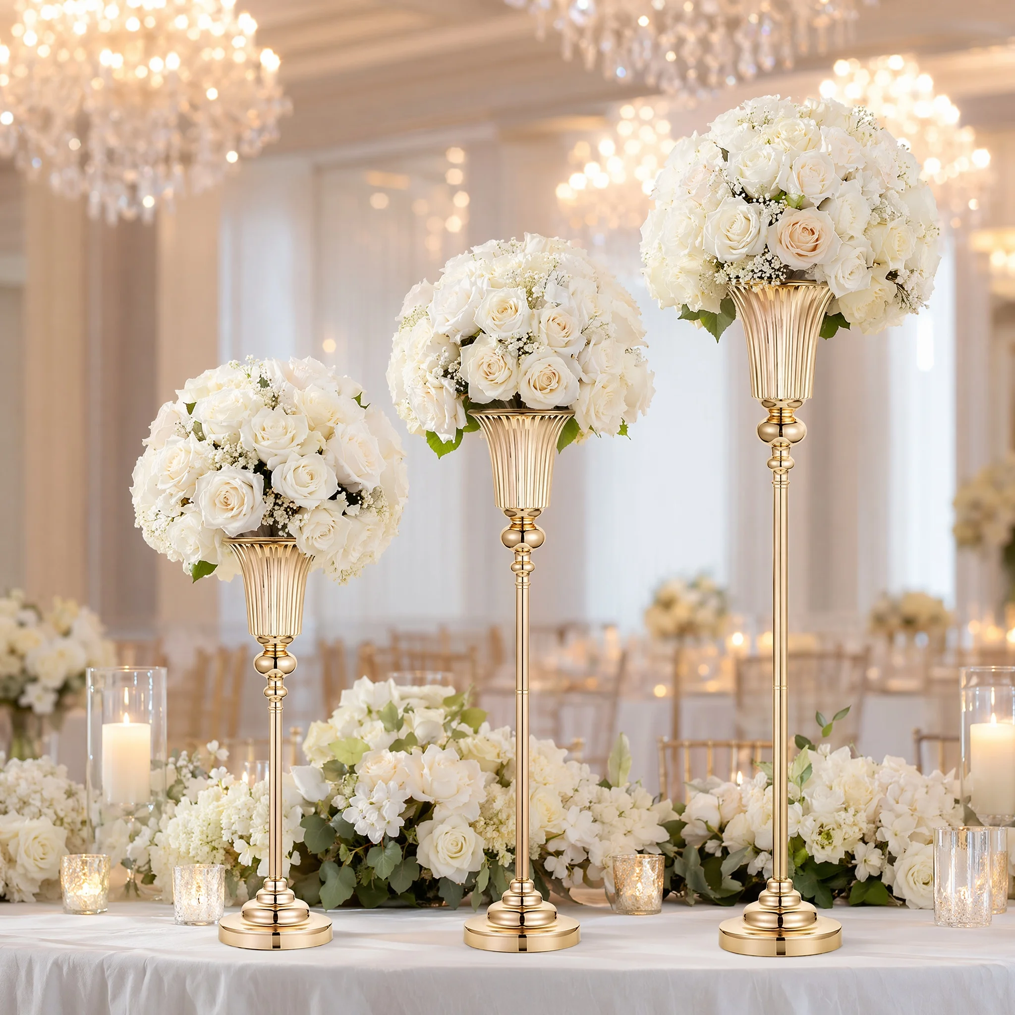 Glossy Gold Metal Vase Candlestick Fluted Cup Dual‑Purpose For Flower & Candle Weighted Anti‑Slip Base Wedding Table Centerpiece