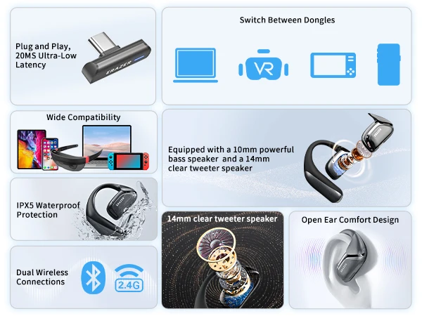 ERAZER XF29 Gaming Bluetooth Headphones Low-Latency 2.4G Dongle For PC/Switch/PS5/VR ENC Mic Earbuds Open Ear Wireless Earphones