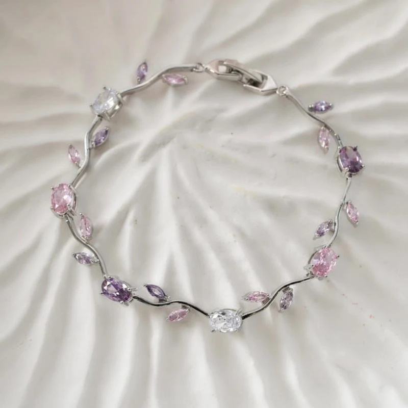 Gold/Silver Color with Pink Synthetic Zirconia Flower Shaped Bracelet for Women's Daily Wear Jewelry Accessories Gifts