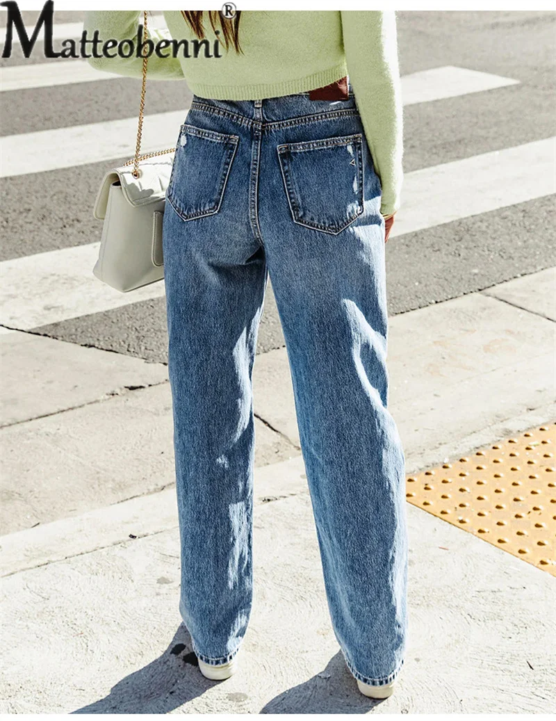 Women's Mid Waist Button Splicing Straight Jeans Trend Streetwear Female Casual Loose Denim Pants Fashion Broken Holes Trousers