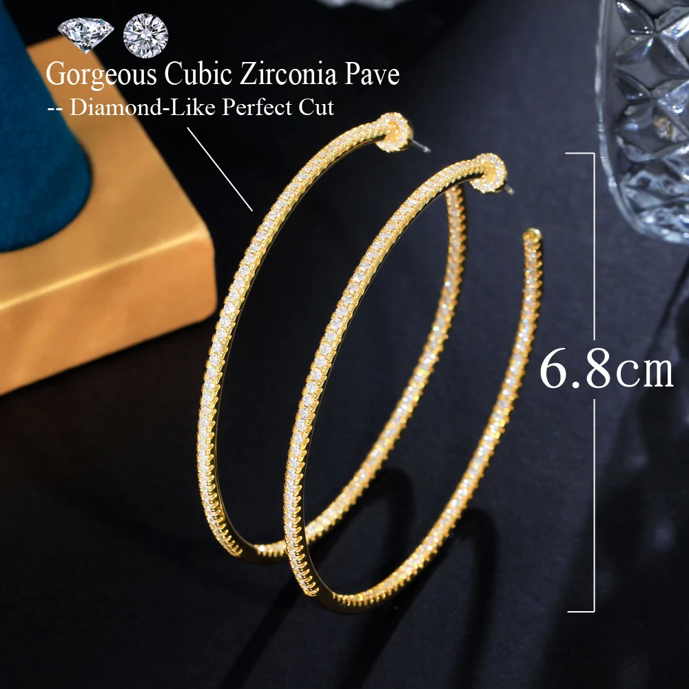 CWWZircons Übergroße Glänzende Luxuriöse Zirkon-Besetzte Riesige Statement-Rundohrringe für Damen, Vergoldeter Schmuck Großhandel E0992 – Detail 1