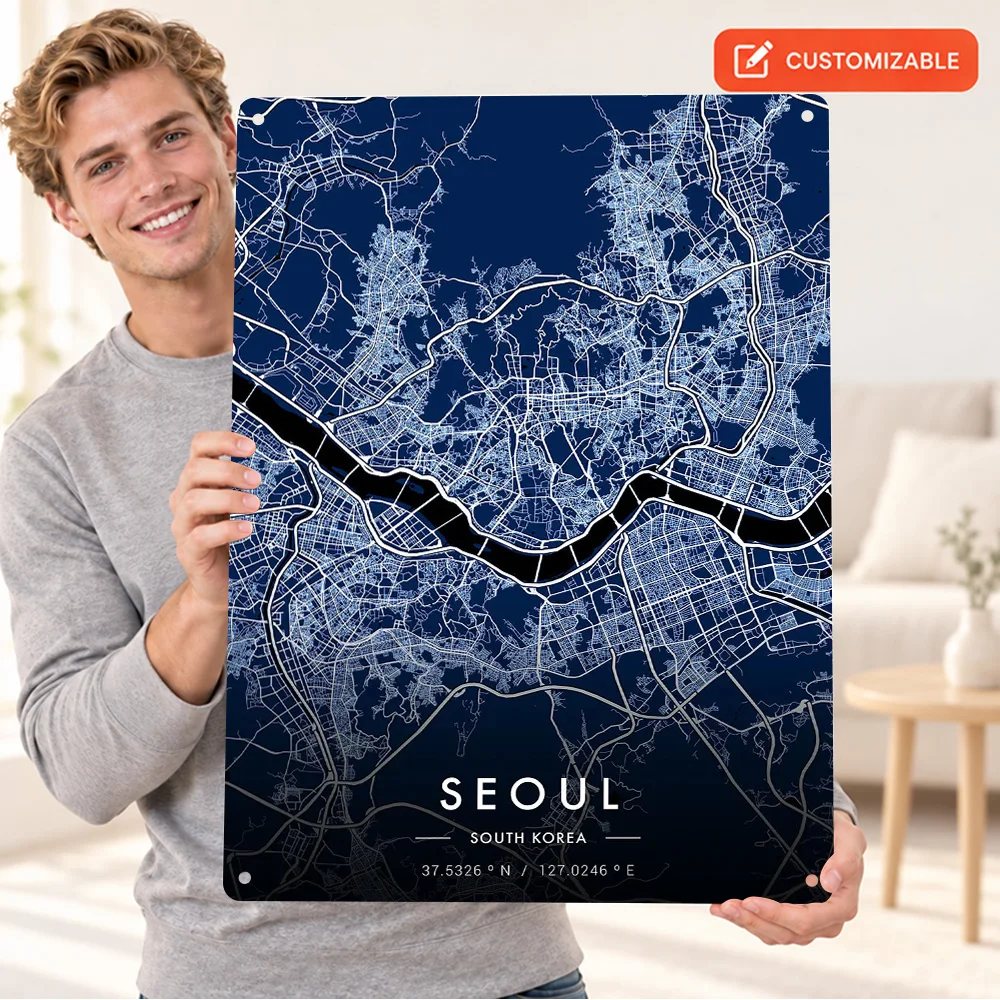 Seoul City Map Blueprint Aluminum Poster Customized Metal Sign Blue Background Street Network Graphic Wall Art For Living Room