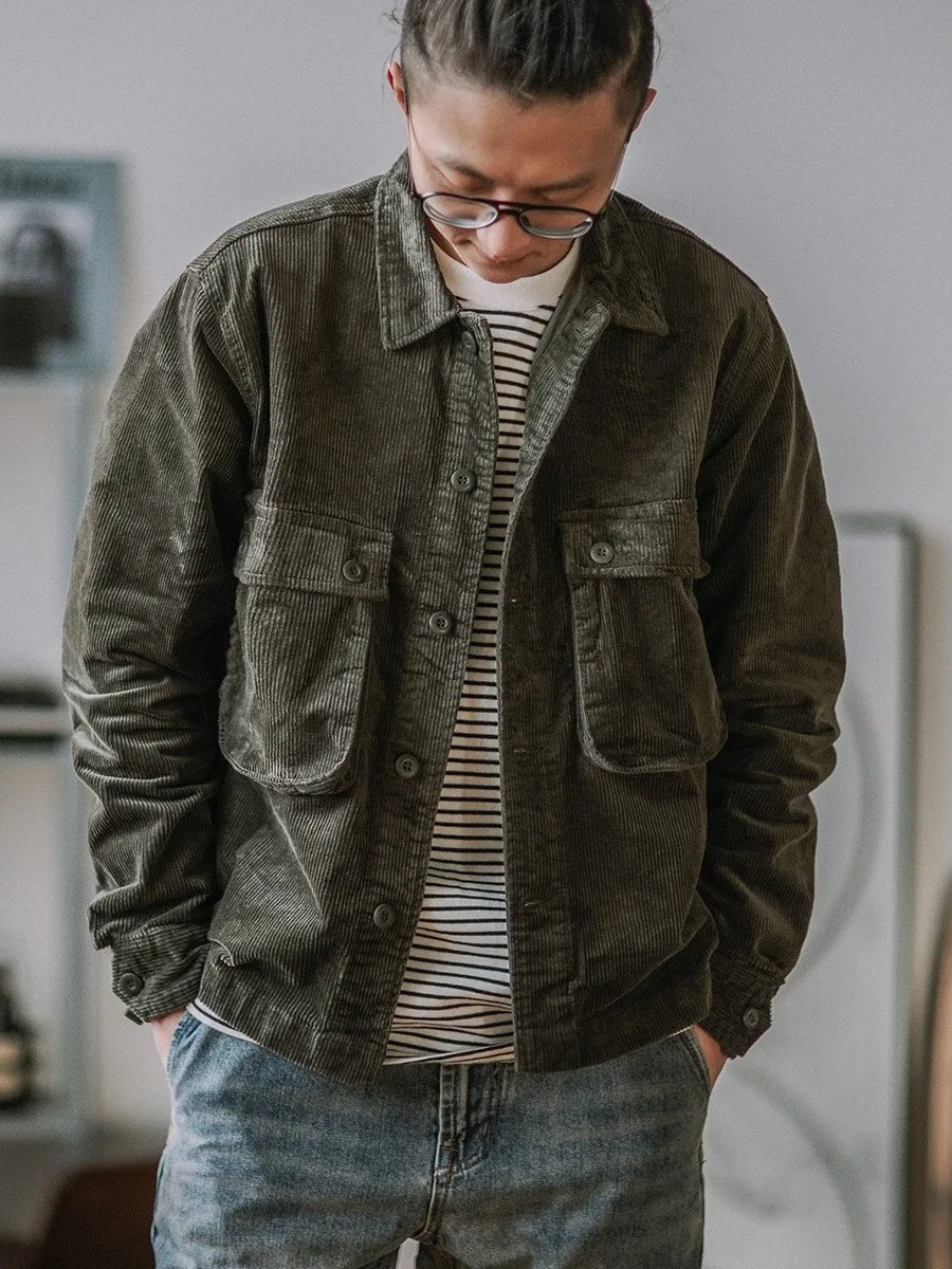 

Men's Premium Jaet Coat Spring Autumn New Retro Hong Kong Sle Heavyweight Corduroy Long Sve irt Loose Fit Button Detail