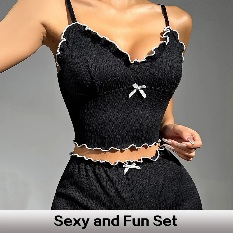 Ladies\' Summer Two-Piece Ribbed Fabric Black V-Neck Camisole Crop Top and Shorts Sexy Casual Pajama Set