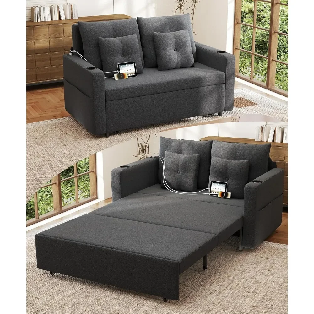 

3 in 1 Sofa Bed, 56 Inch Convertible Pull Out Couch, Loveseat Sleeper Sofa with Cup Holders, USB, Sofa Couches for Living Room,