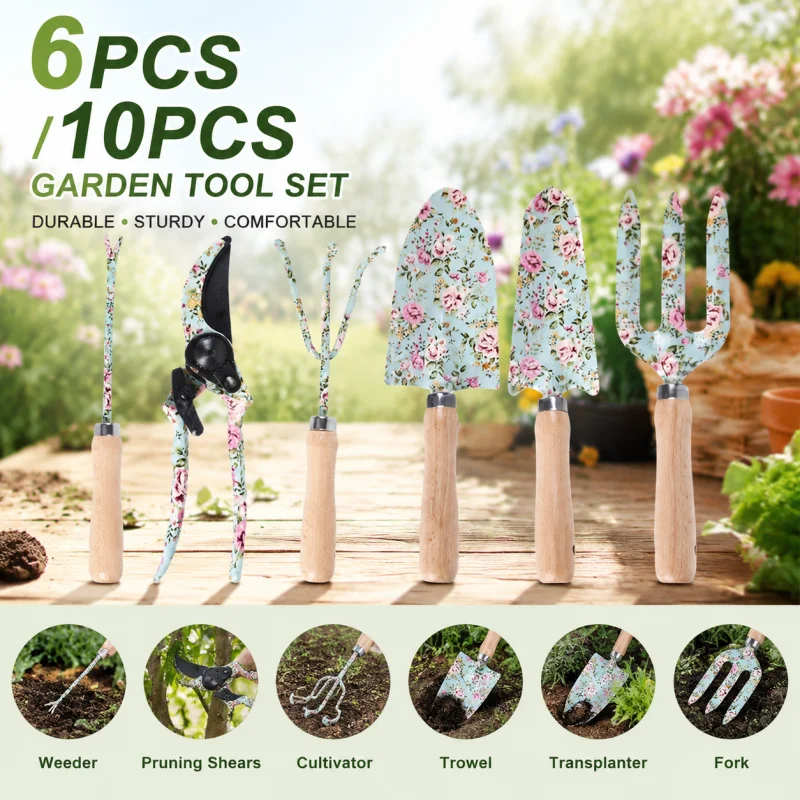 

6 pcs / 10 pcs garden-use planting printed wooden-handled iron shovels, rakes, scissors - complete set of multi-functional tools