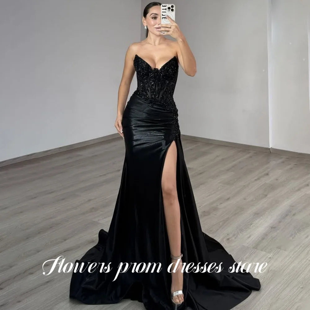 

Flowers Black V-Neck Prom Sleeveless Evening Dresses Trumpet Split Party Dress Sequined with Pleats Christmas Dress Customized