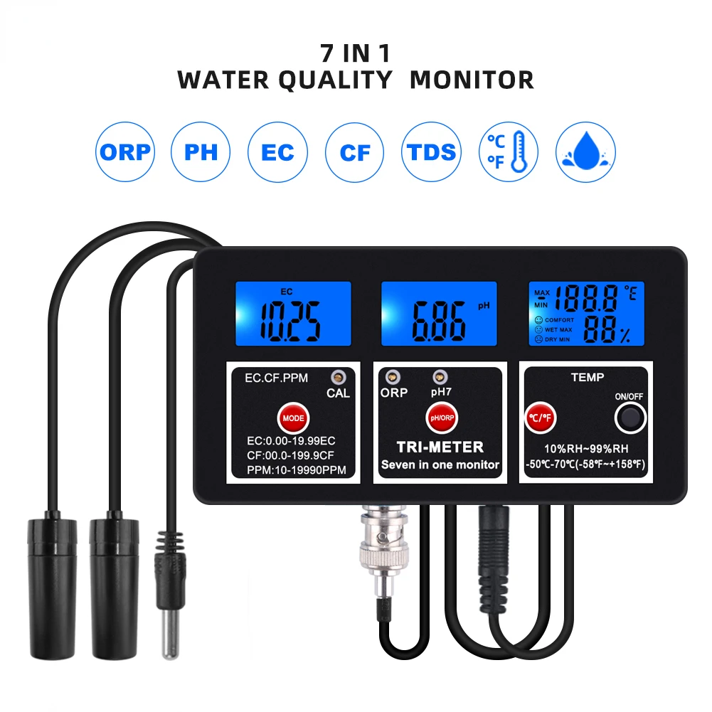 7 in 1 PH EC TDS Temp ORP CF Meter Multi-parameter Water Quality Monitor Online Acidometer US/EU Plug for Aquarium Swimming Pool