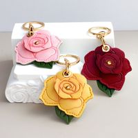 PU Leather Rose Flower Bag Keychain Metal Key Ring Portable Entrance Guard Card Holder Multipurpose 3D Rose
