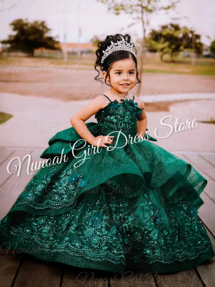 Dark Green Flower Girl Dresses for Wedding Lace Appliques Floor Length Birthday Party Gowns First Communion Gowns Customized