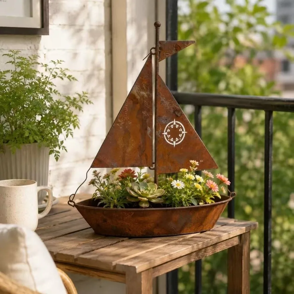 Rustic Sailboat Flower Pot Vintage Nautical Wrought Iron Boat-Shaped Planter Handmade Rust-Proof Metal Succulent Pots