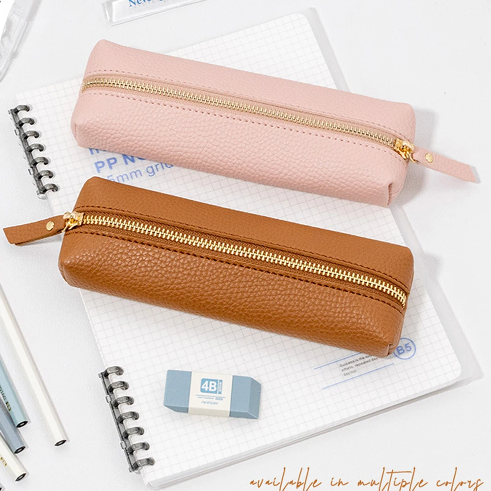 Simple Pu Leather Pen Bag Solid Color Large Capacity Soft Stationery Bag Pen Case Zipper Pencil Pouch Student School Supplies