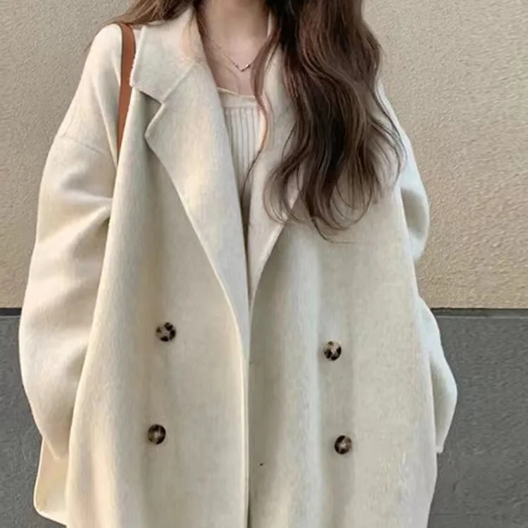 

New double-sided wool coat, long suit collar over knee, loose silhouette wool double-sided tweed coat for women