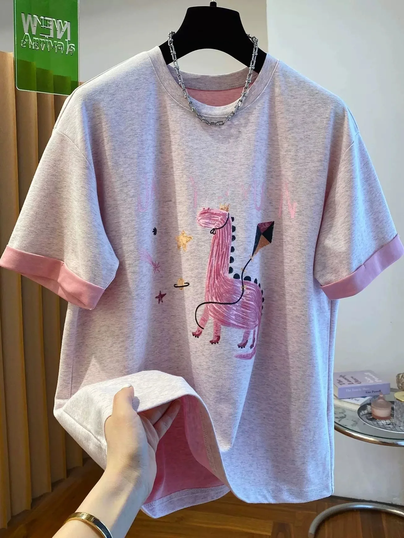 

plus Size 300 Pounds American Retro Color Block Short Sleeve T Shirt Women Summer Loose Meat Covering Casual Anti Aging Top