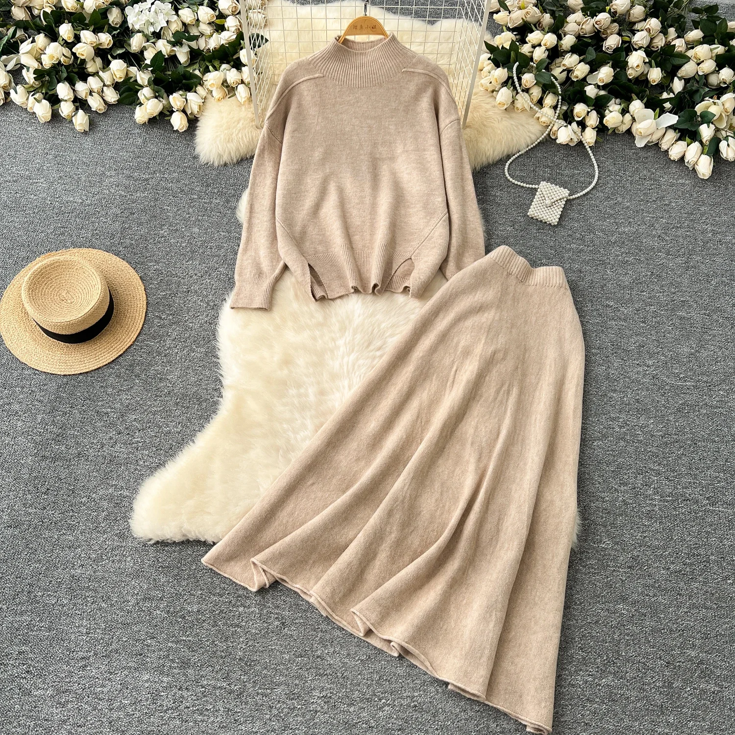 Chic Women Two-Piece Sets Knit Long Sleeve Half High Collar Loose Top and High Waist Skirt Korean High Street Casual Clothing