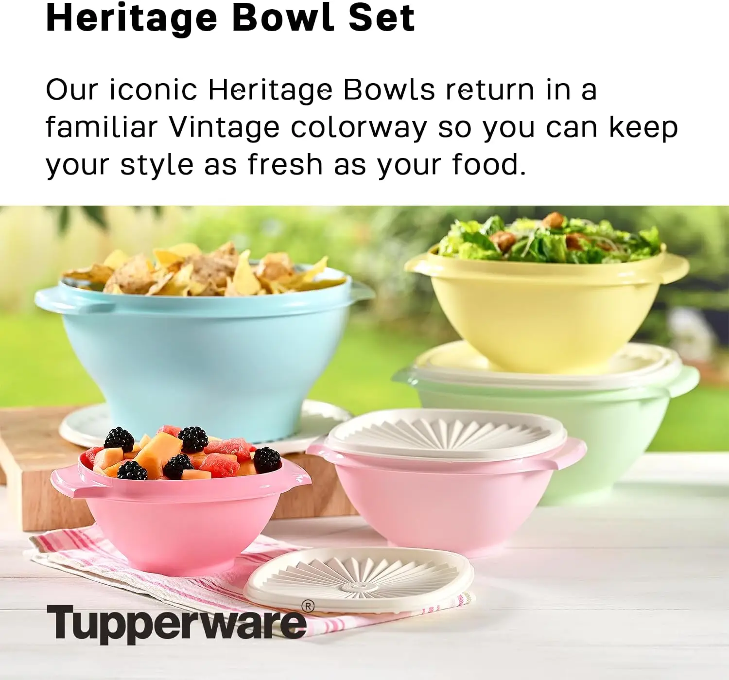 Heritage Collection 8 Cup Bowl with Starburst Lid 4 Pack - Vintage Multi Color, Dishwasher Safe & BPA Free - (1.9 L)