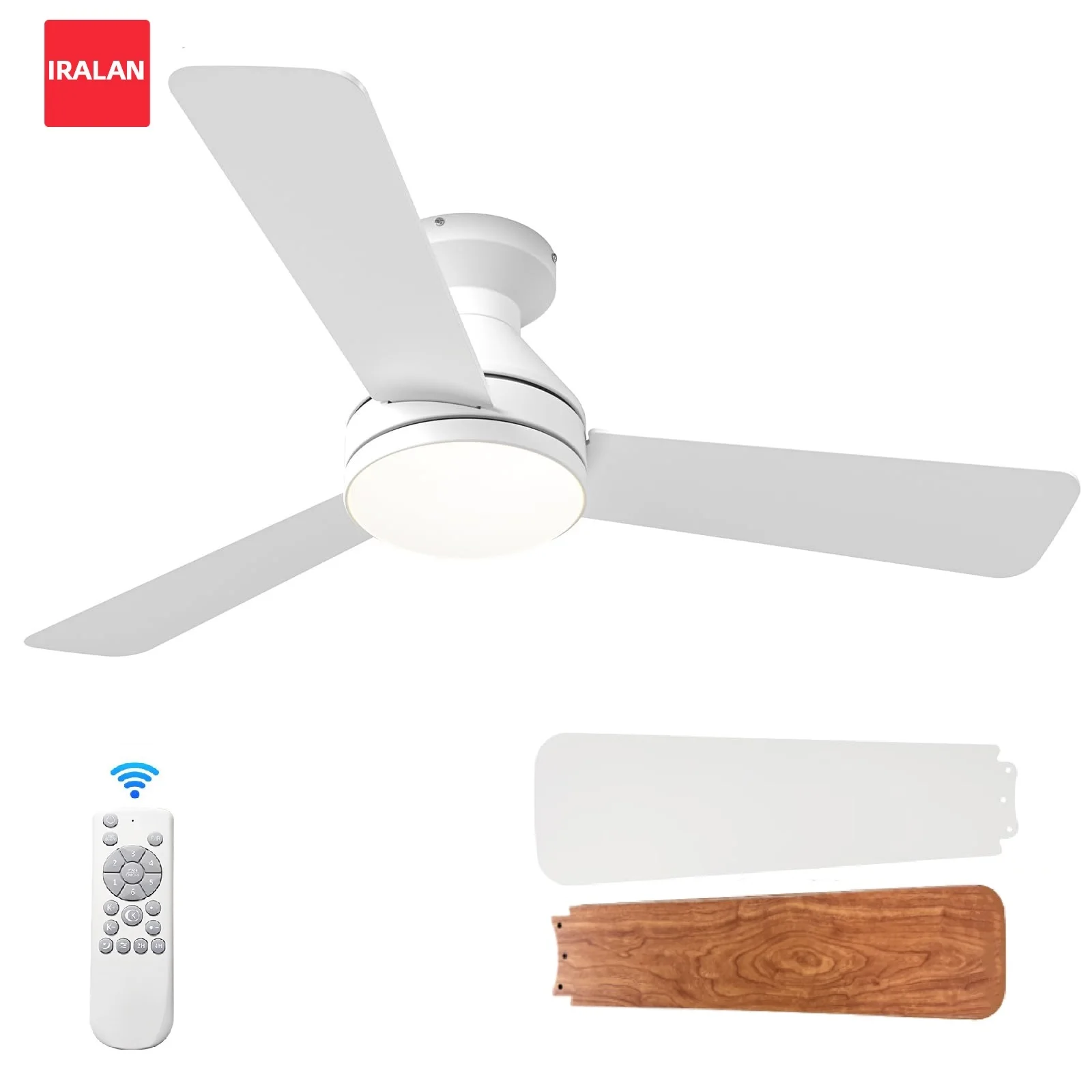 52 Inch Flush Mount Ceiling Fan Light Control LED Dimmable Reversible Two-color Fan Blades Indoor Living Room Ceiling Fan